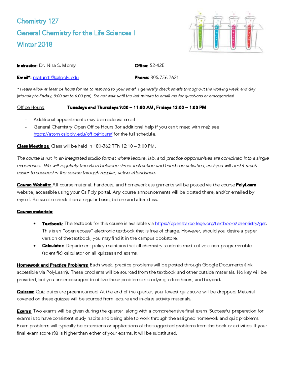 W18 CHEM 127 General Chemistry for Life Sciences I Syllabus - Studocu