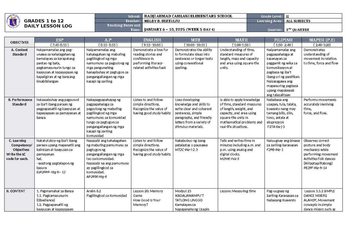 DLL ALL Subjects 2 Q3 W5 D4 - GRADES 1 to 12 DAILY LESSON LOG School ...