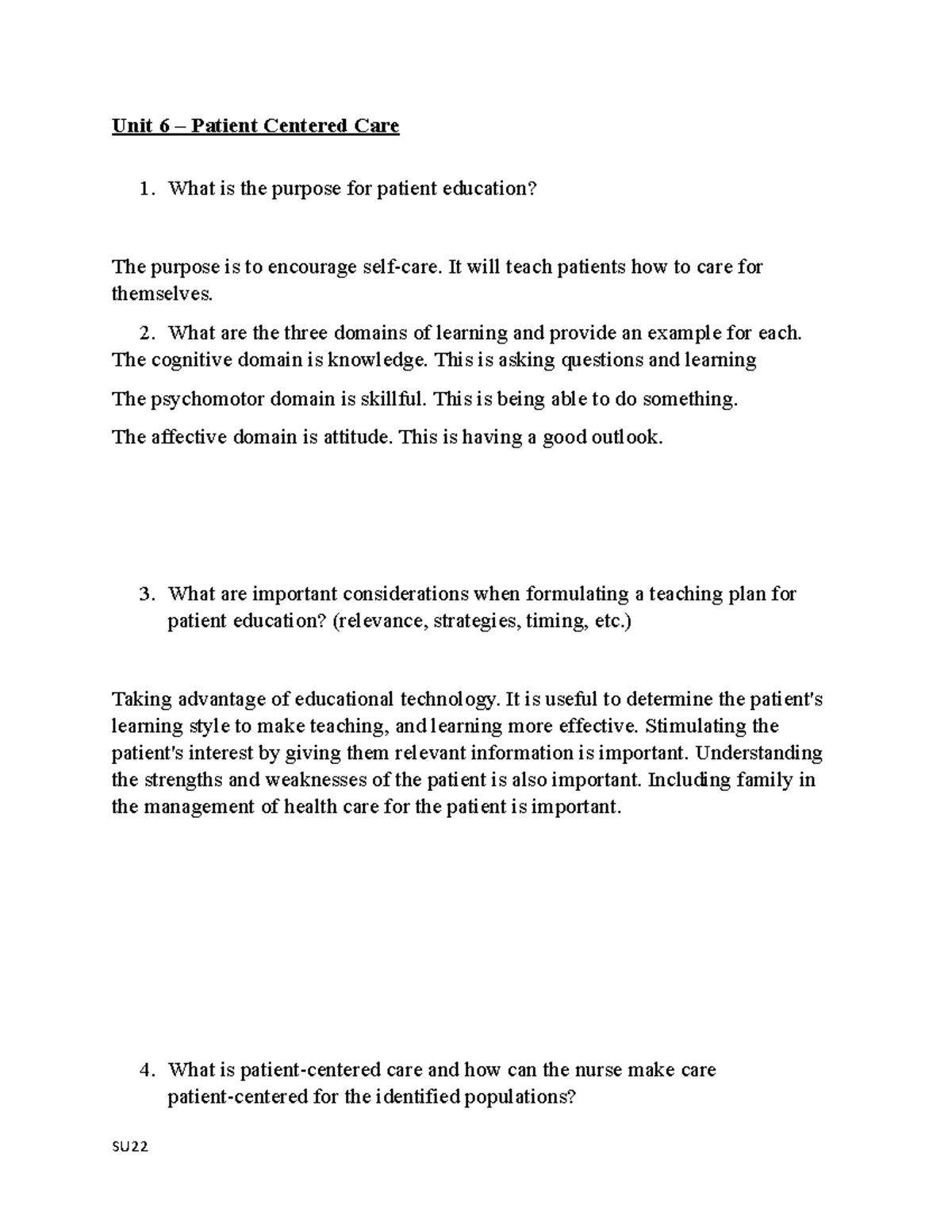 Unit 6 Focus Questions - Patient Centered Care (Pre) - Studocu