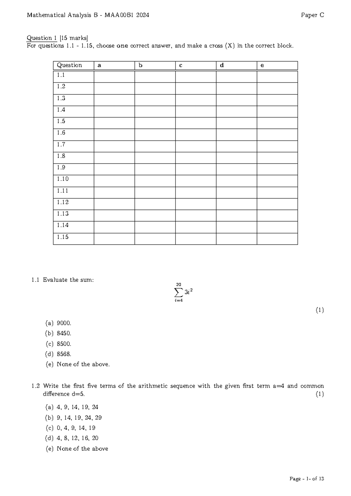 Mathematical Analysis B MAA00B1 2024 Paper C Questions and Solutions ...