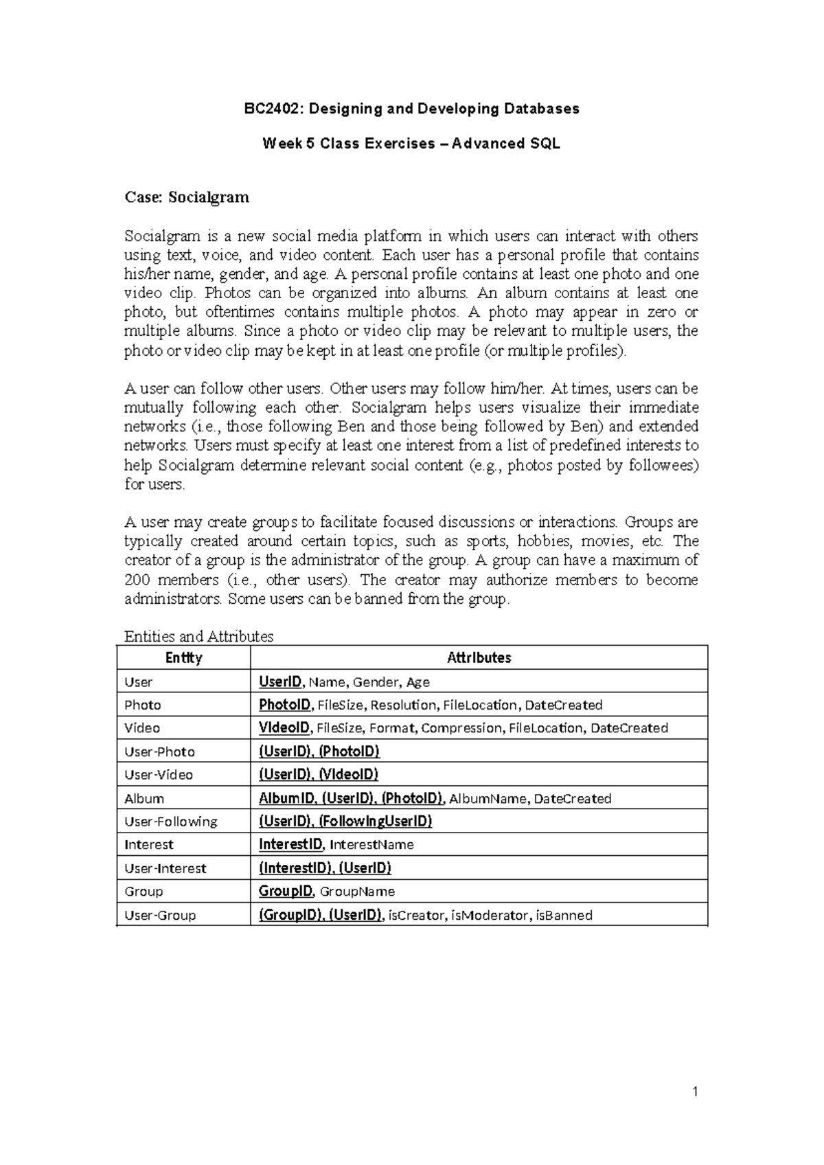 BC2402: Week 5 Class Exercises on Advanced SQL for Socialgram - Studocu