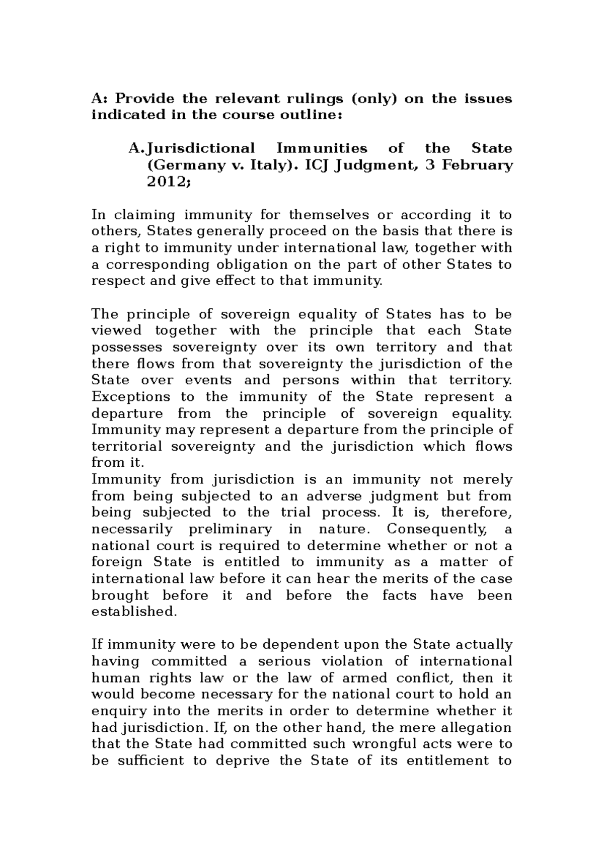 Public International Law - A: Provide the relevant rulings (only) on ...