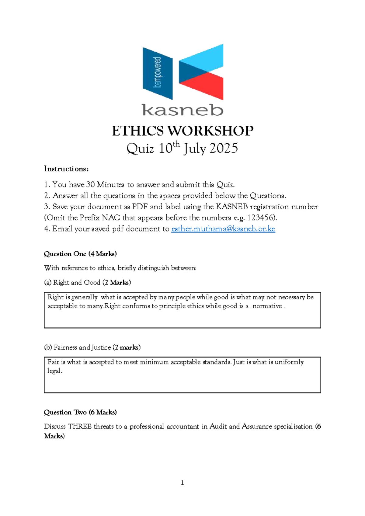 ETHICS WORKSHOP Quiz - 10th July 2025 Instructions & Questions - Studocu