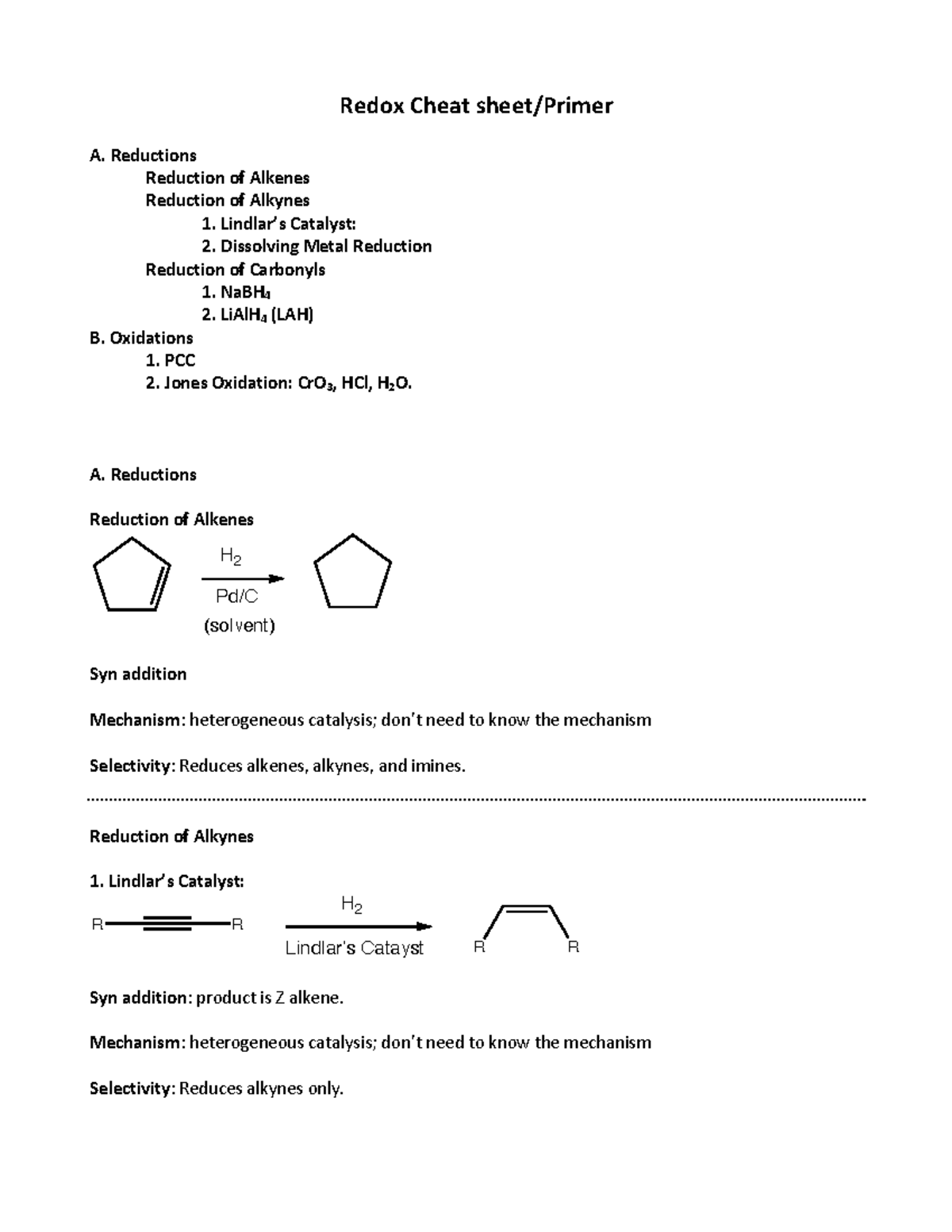 Redox Cheat sheet - Redox Cheat sheet/Primer A. Reductions Reduction of ...