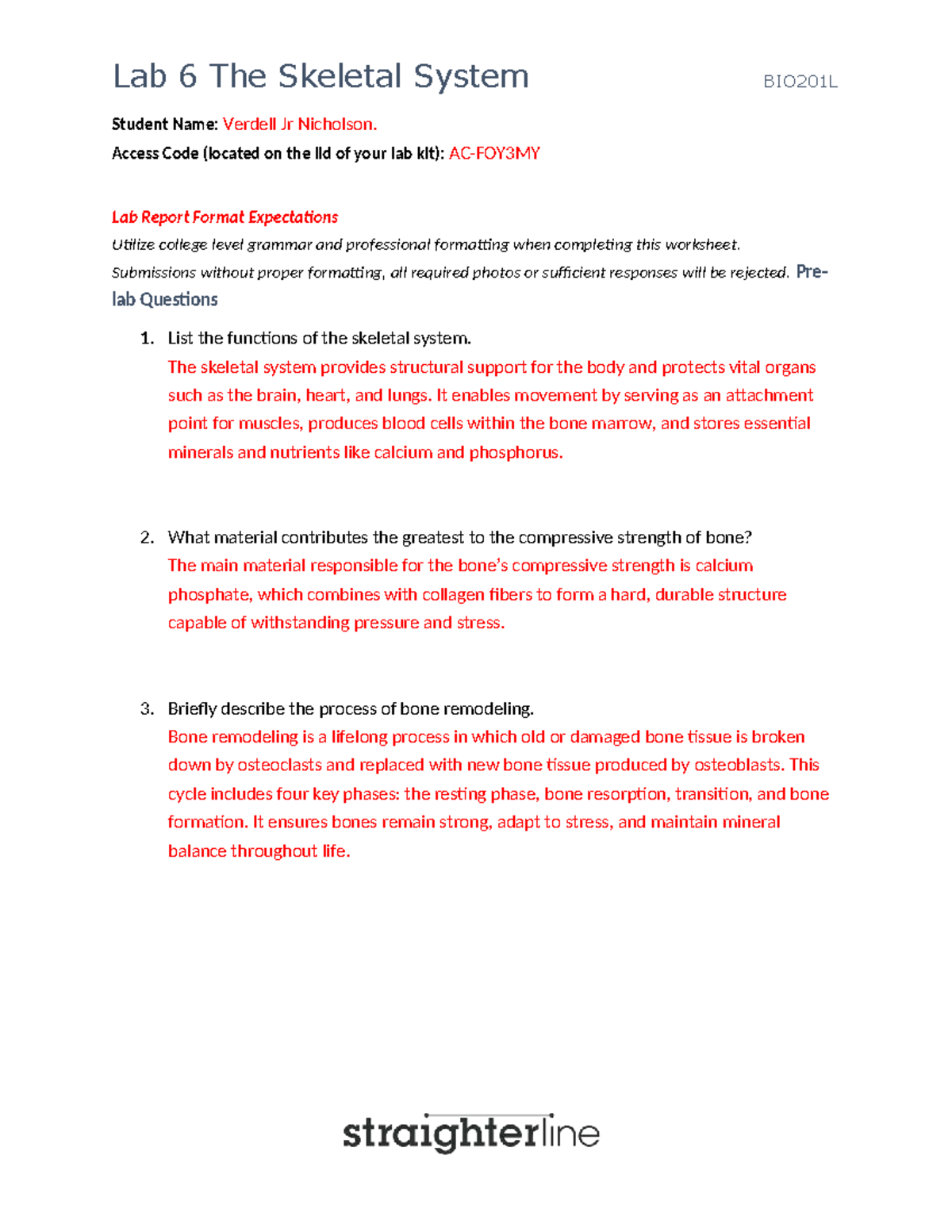Lab 6: The Skeletal System Overview and Observations - BIO201L - Studocu