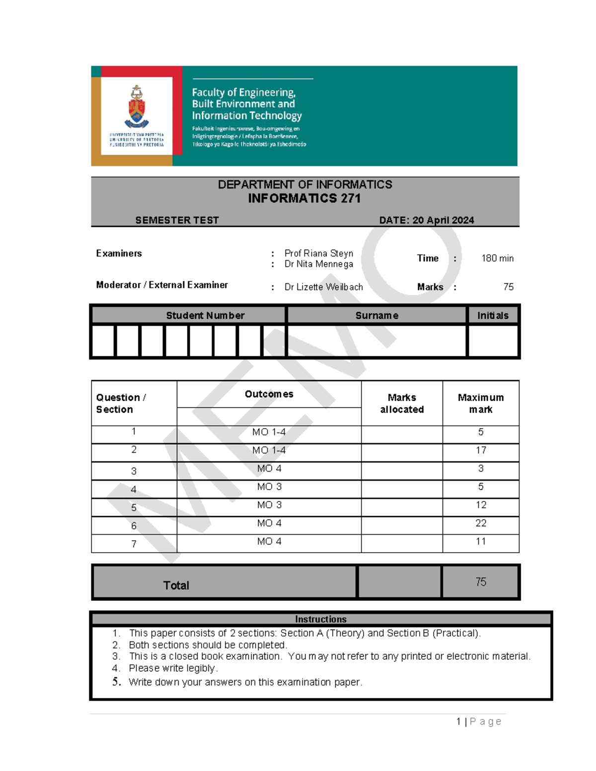 Informatics 271 Semester Test 1 2024: Details and Guidelines - Studocu
