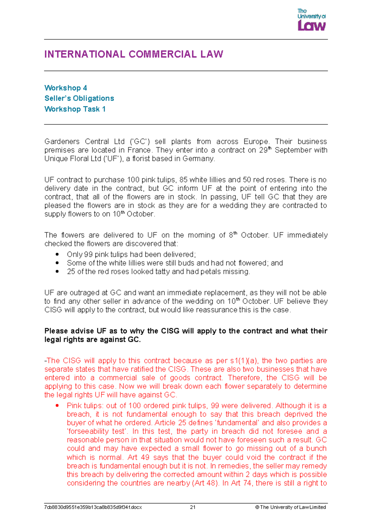INTERNATIONAL COMMERCIAL LAW: Workshop 4 Task 1 - CISG Application ...