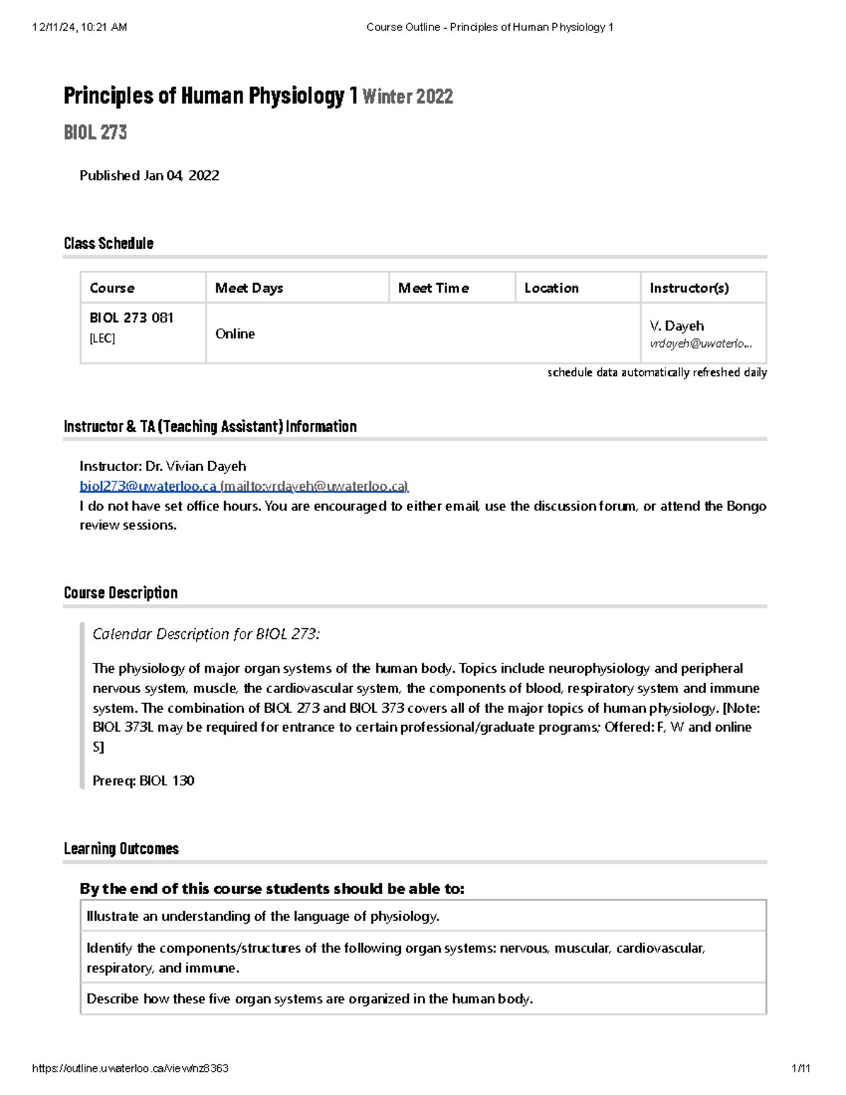 Course Outline for BIOL 273: Principles of Human Physiology 1 (Winter ...