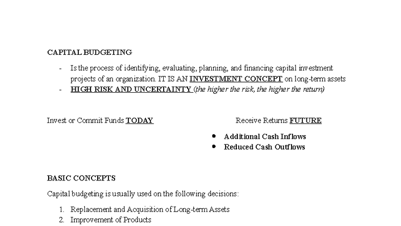 Capital Budgeting (FIN 301) - Short Lecture Notes on Investment ...