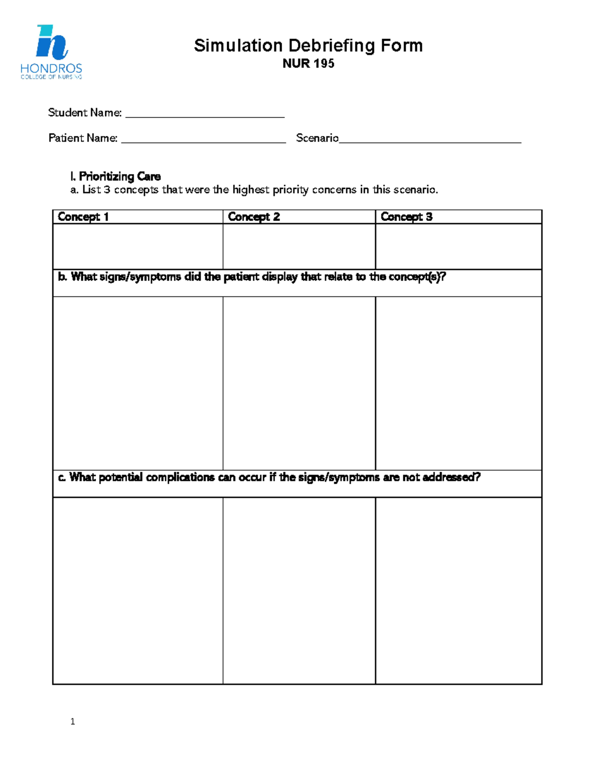 NUR 195 Simulation Debriefing Form - Care Priorities & Interventions ...