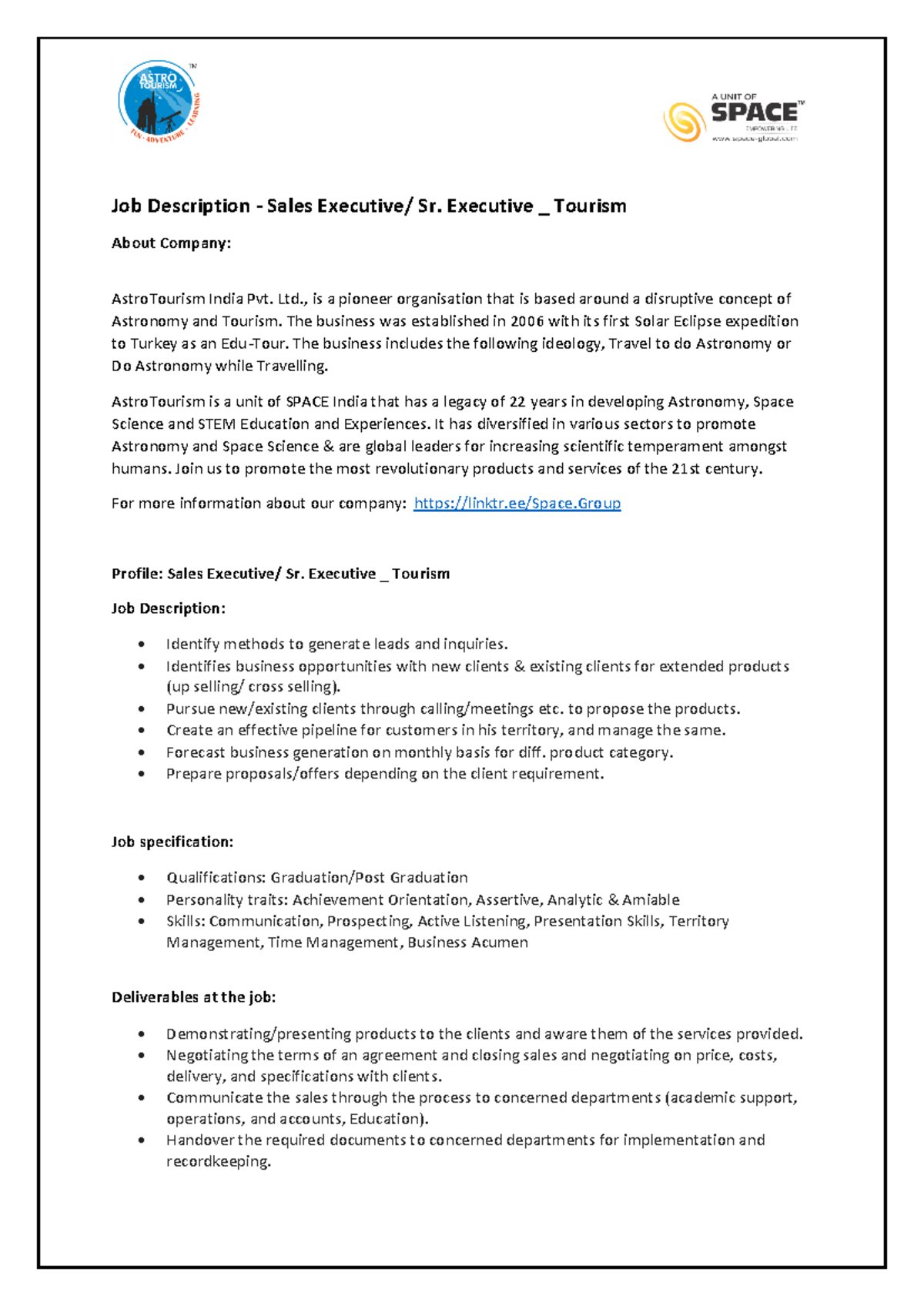 Job description of Sales Executive Sr. Executive Tourism - Job ...