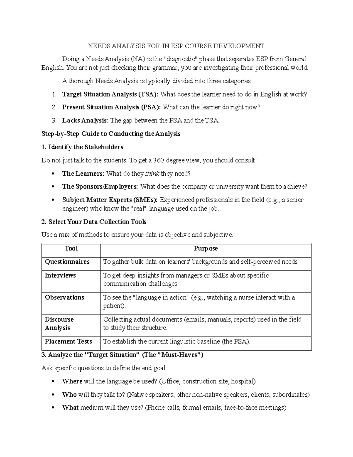 ESP Course Development: Needs Analysis Guide - Studocu
