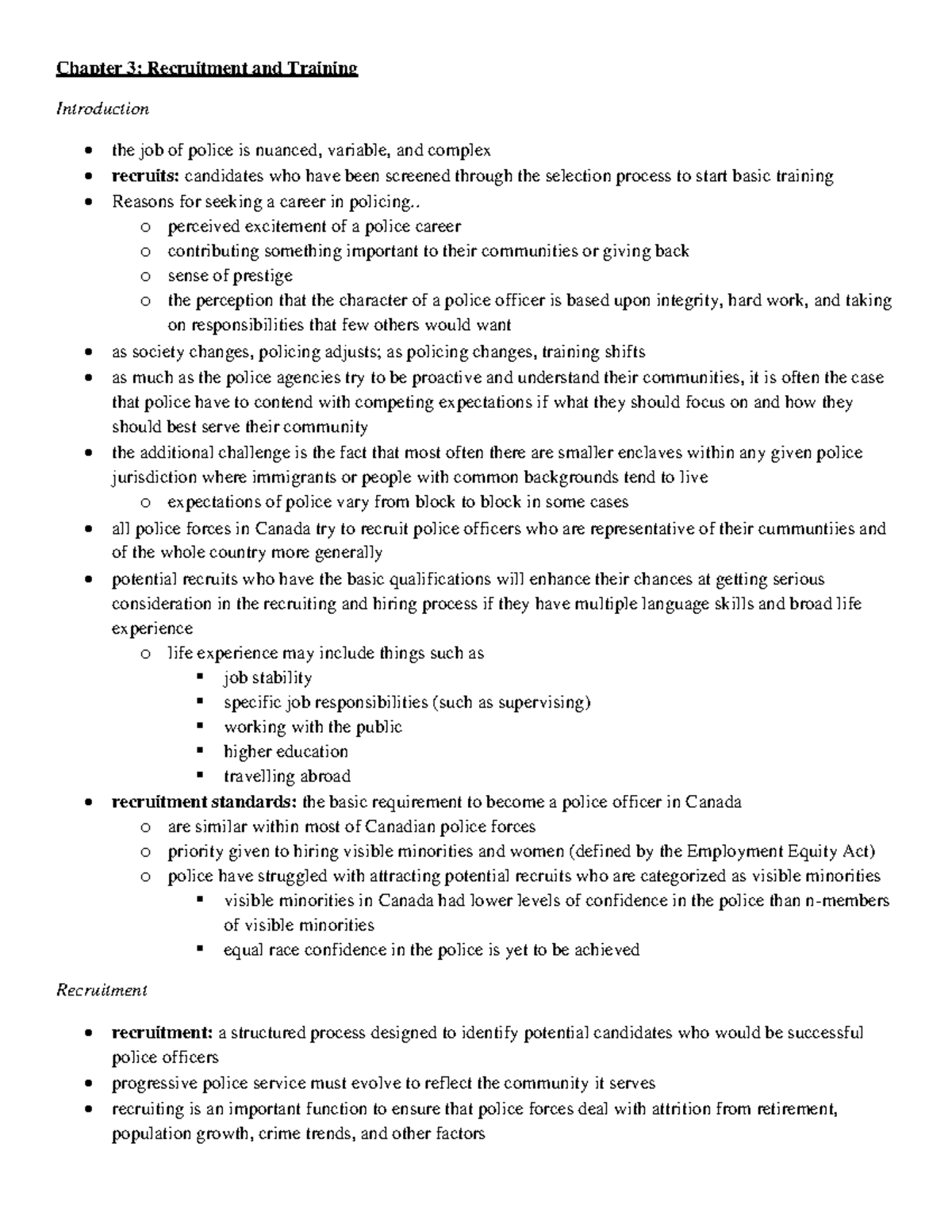 Canadian Policing- Chapter 3 Notes - Chapter 3: Recruitment and ...