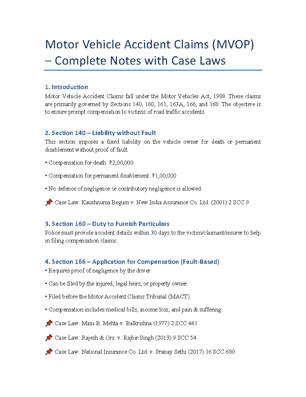 MVOP Complete Notes on Motor Vehicle Accident Claims with Case Laws ...