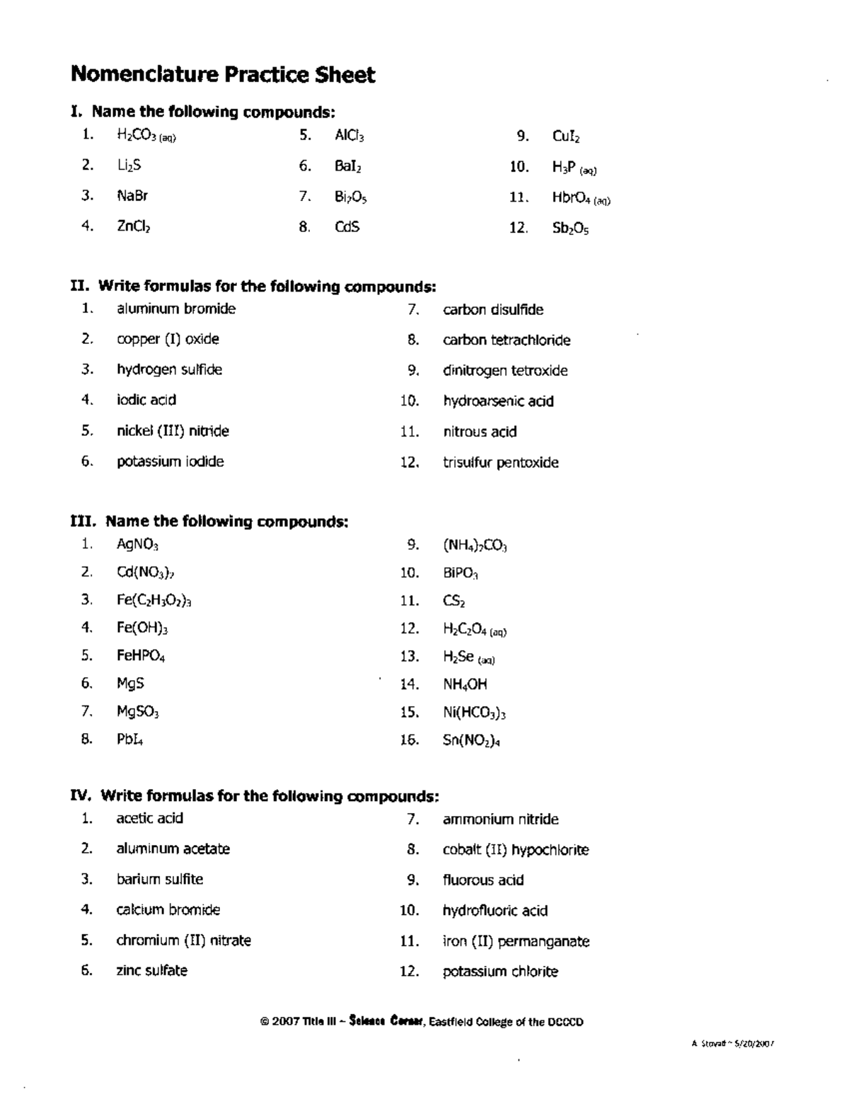 Chemistry 101: Nomenclature Practice Worksheet - Studocu