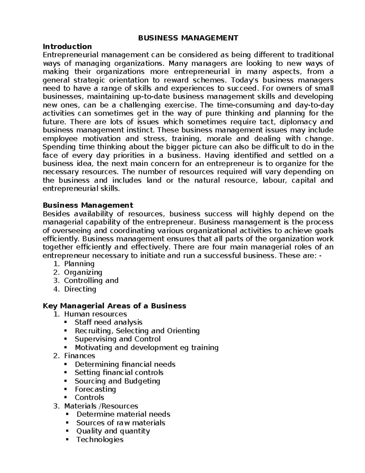 Business Management - Notes for Entrepreneurship Studies (BUSM 101 ...