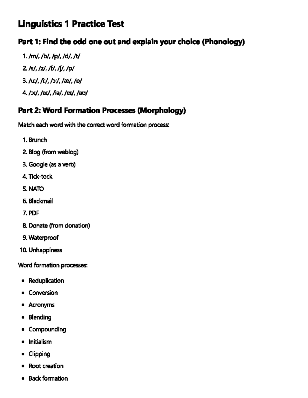 Linguistics 1 Final Exam Practice Test: Phonology & Morphology Concepts ...