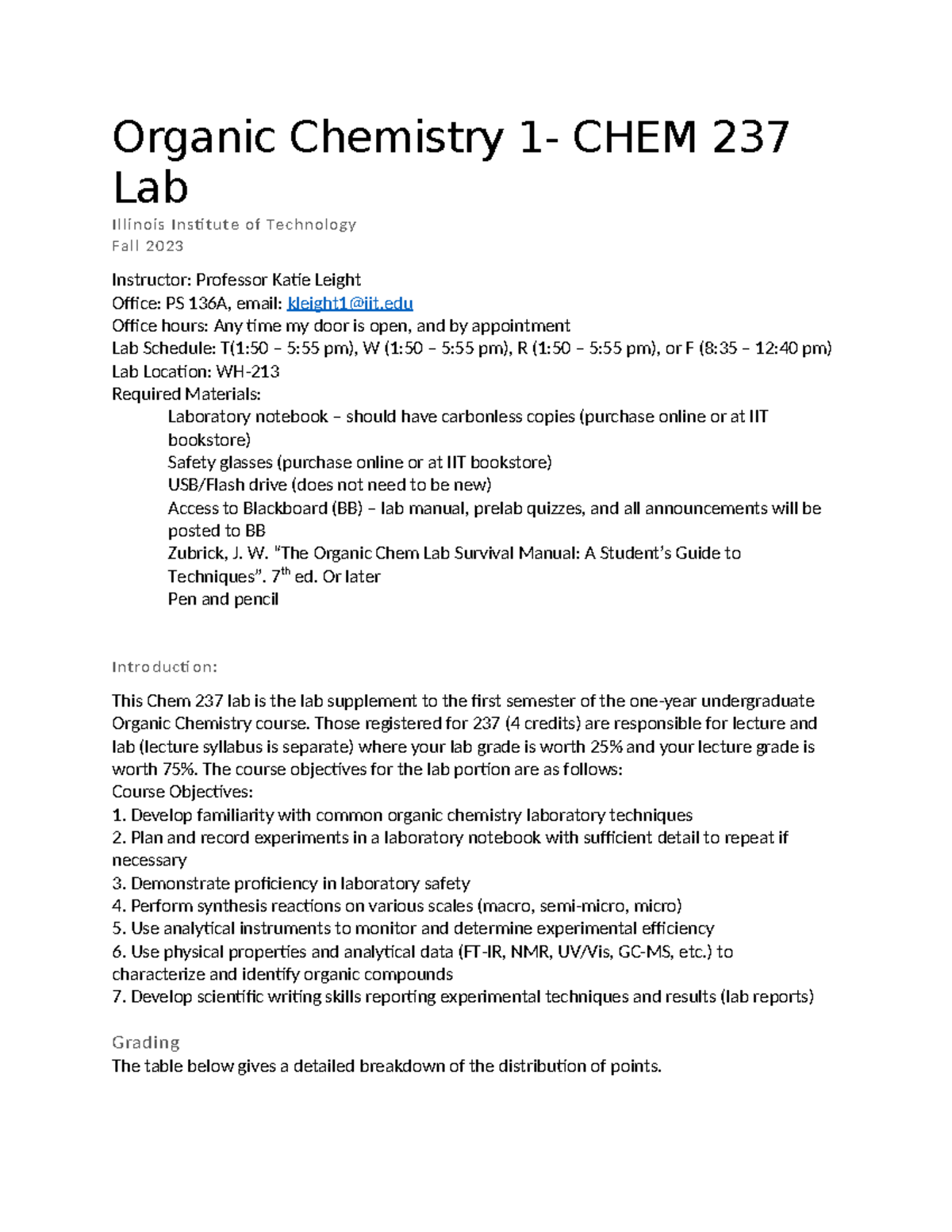 Chem 237 Organic Chemistry Lab Syllabus - Fall 2023 - Studocu