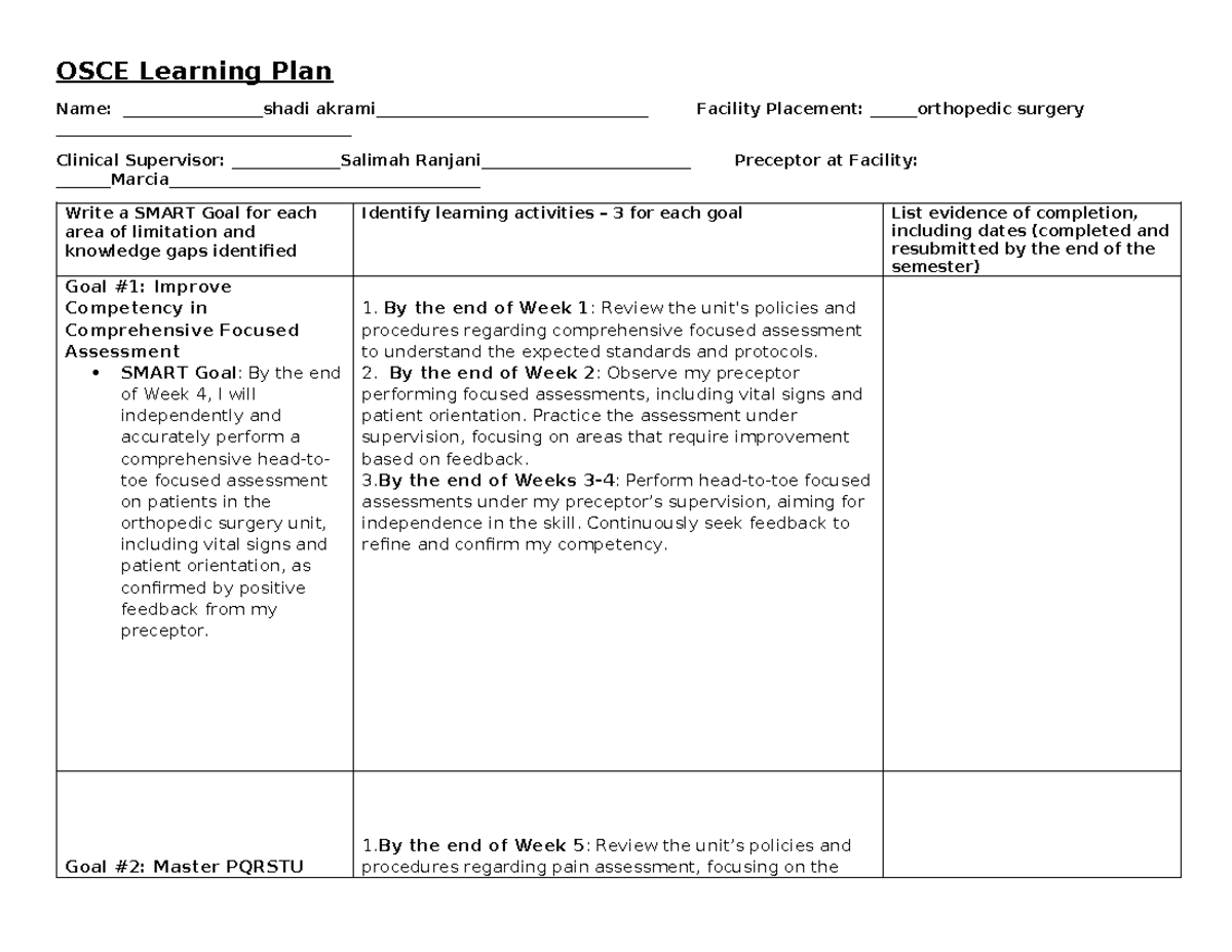 OSCE Learning Plan for Orthopedic Surgery Clinical Placement - Studocu
