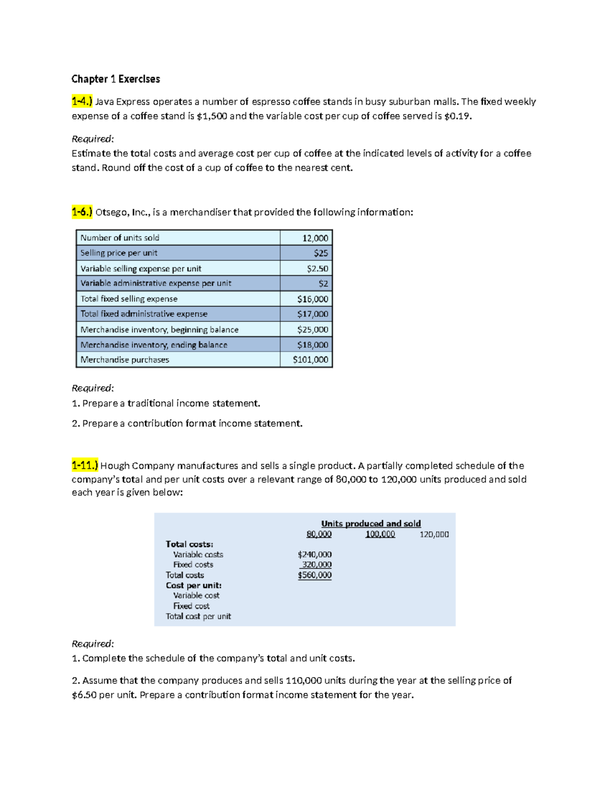 Exercises for Chapters 1 to 3 in Cost Accounting (CA-101) - Studocu