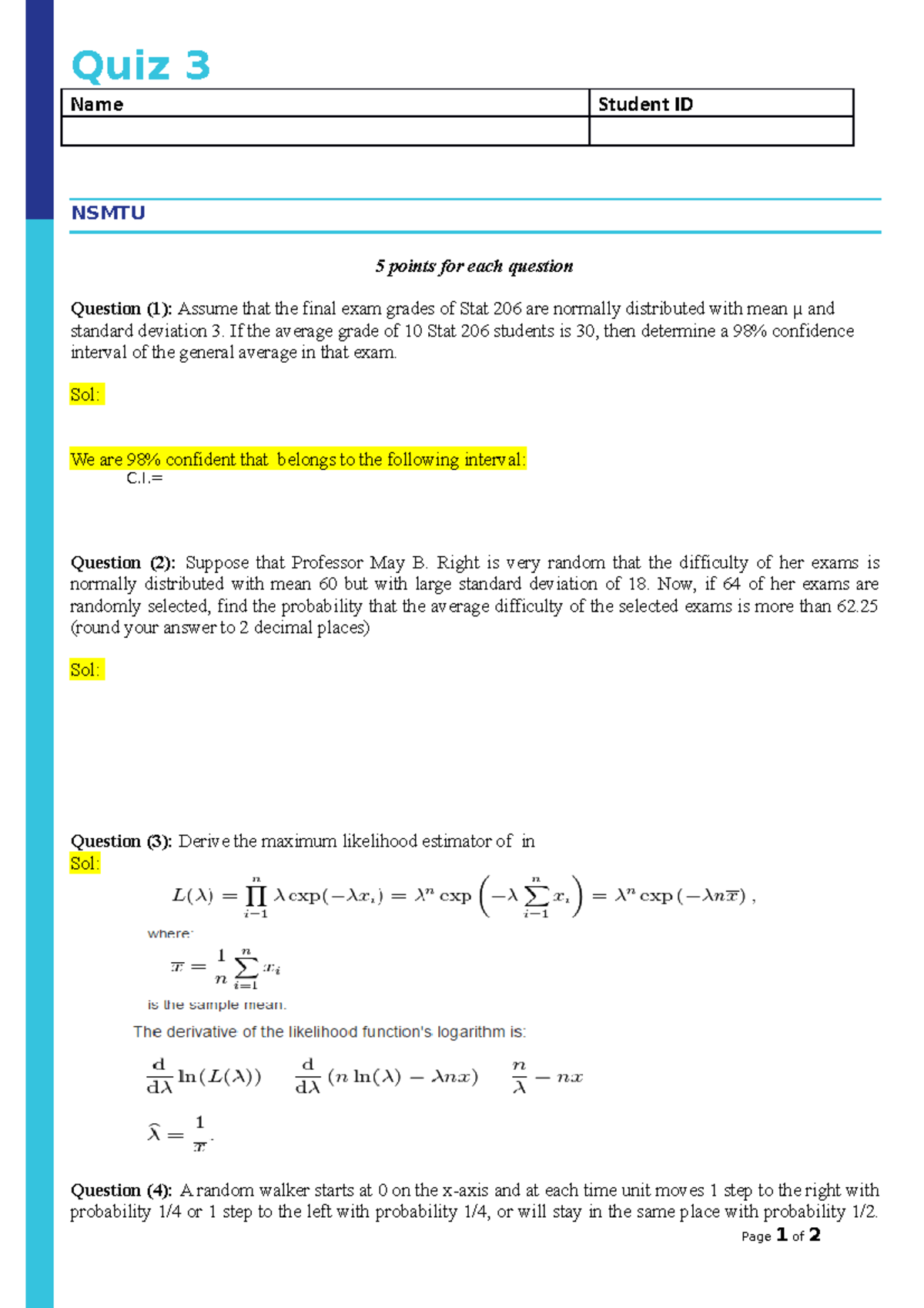Stat 321 - Solutions to Quiz 3 Questions & Confidence Intervals - Studocu
