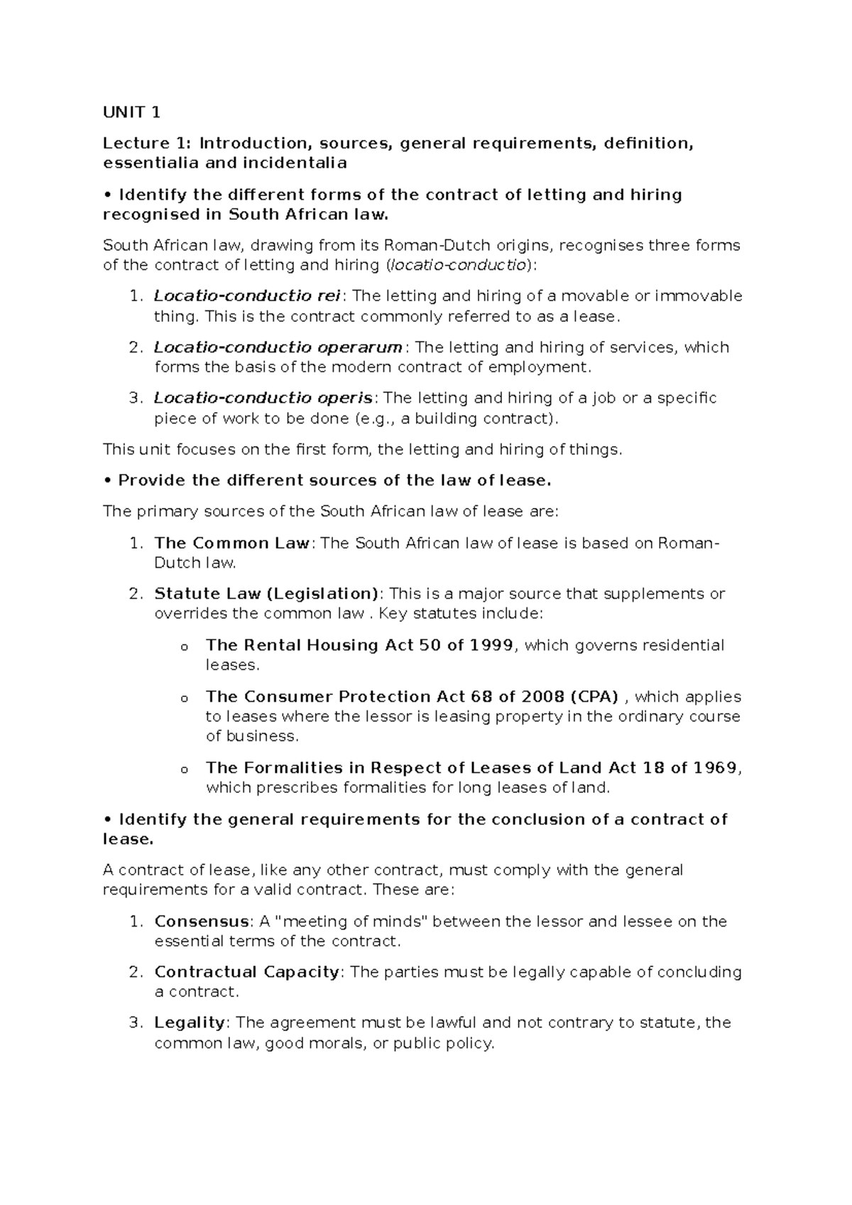 LSPC 101: Unit 1 Lecture Notes on South African Lease Contracts - Studocu