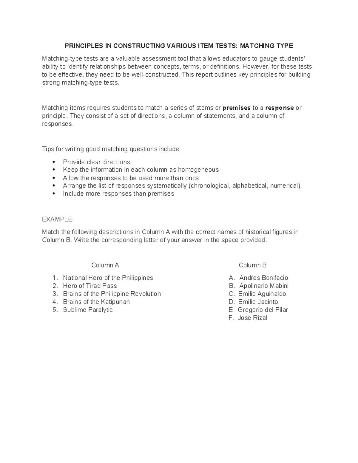 Key Principles for Constructing Matching Type Tests: A Guide - Studocu