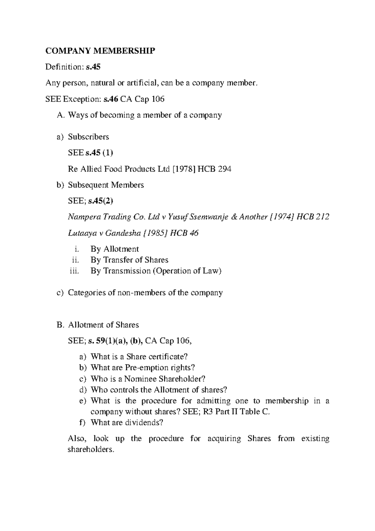 Company Membership Overview: Key Definitions & Rights (CA Cap 106 ...