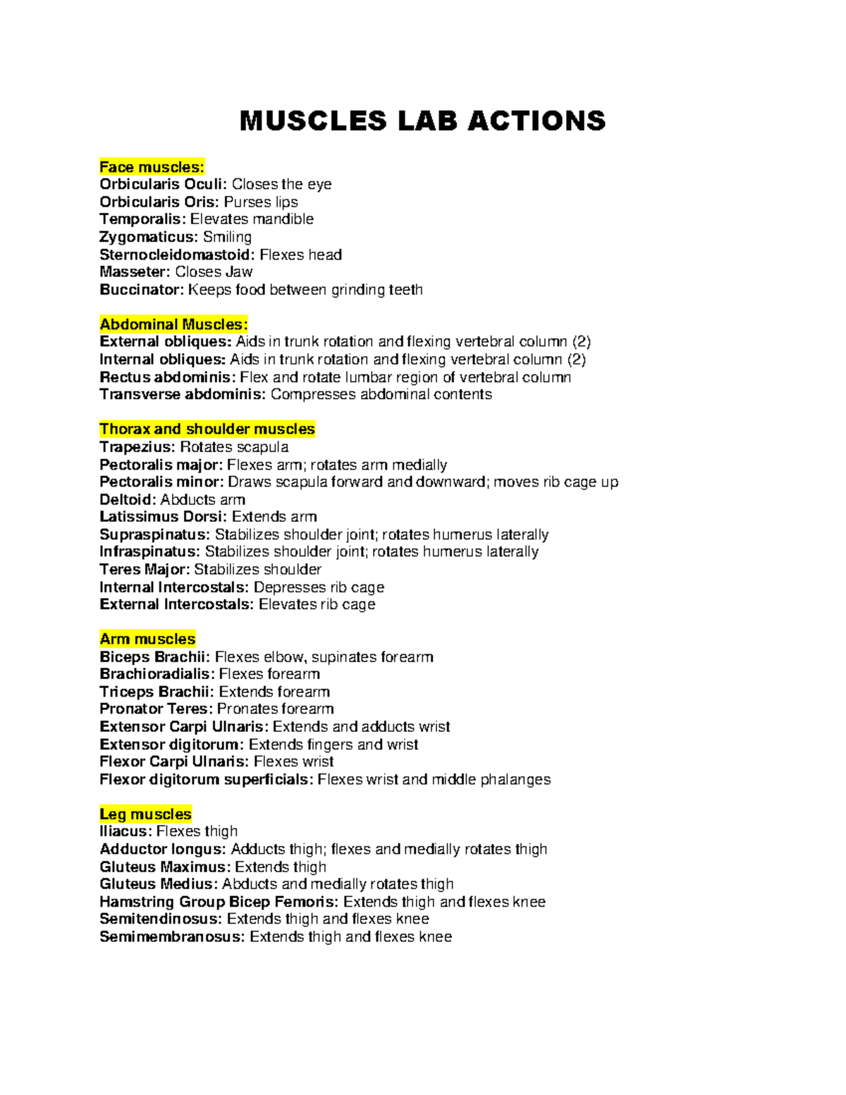 Muscle Actions Lab Guide for A&P101: Detailed Muscle Functions - Studocu
