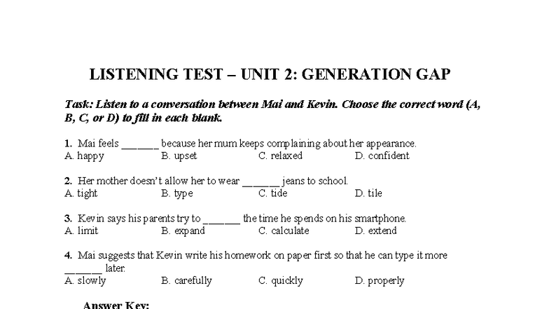 LISTENING TEST UNIT 2: GENERATION GAP - Practice Questions - Studocu