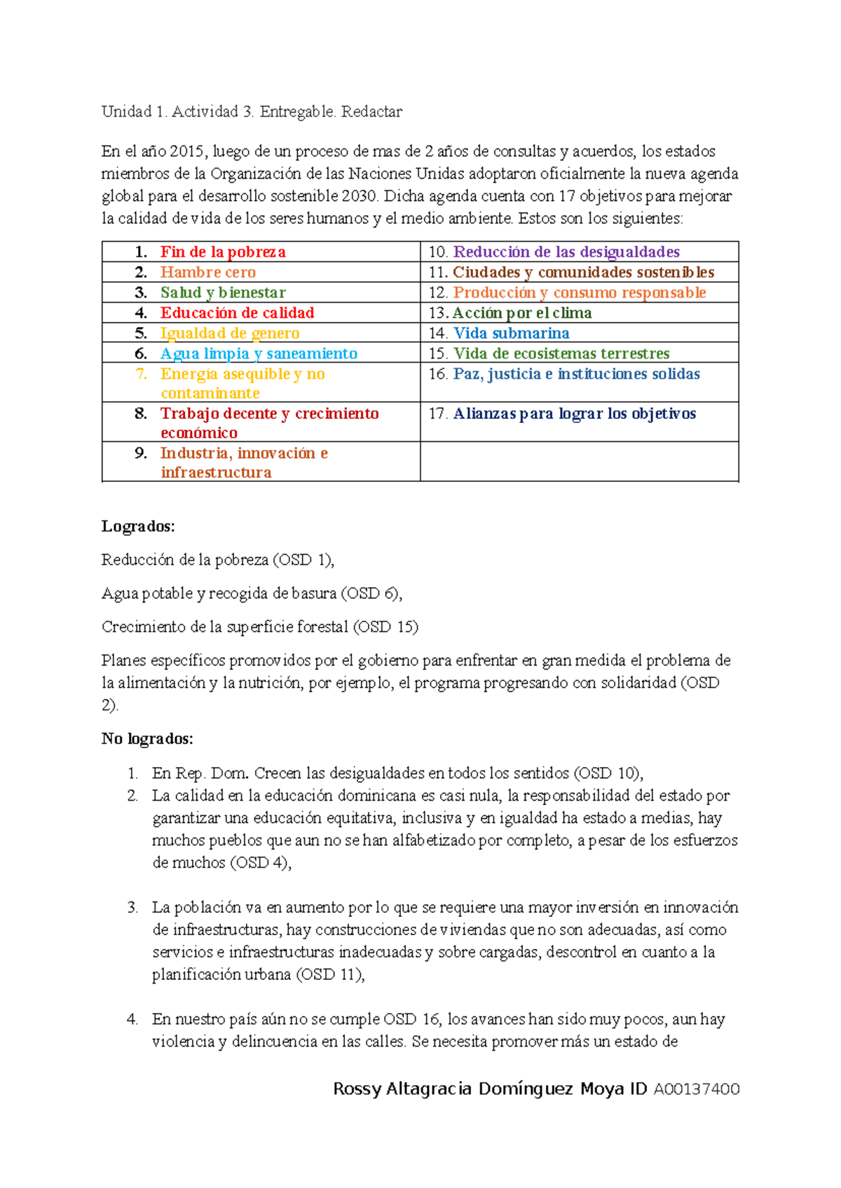 Unidad 1. Actividad 3. Análisis de ODS y su Implementación - Studocu