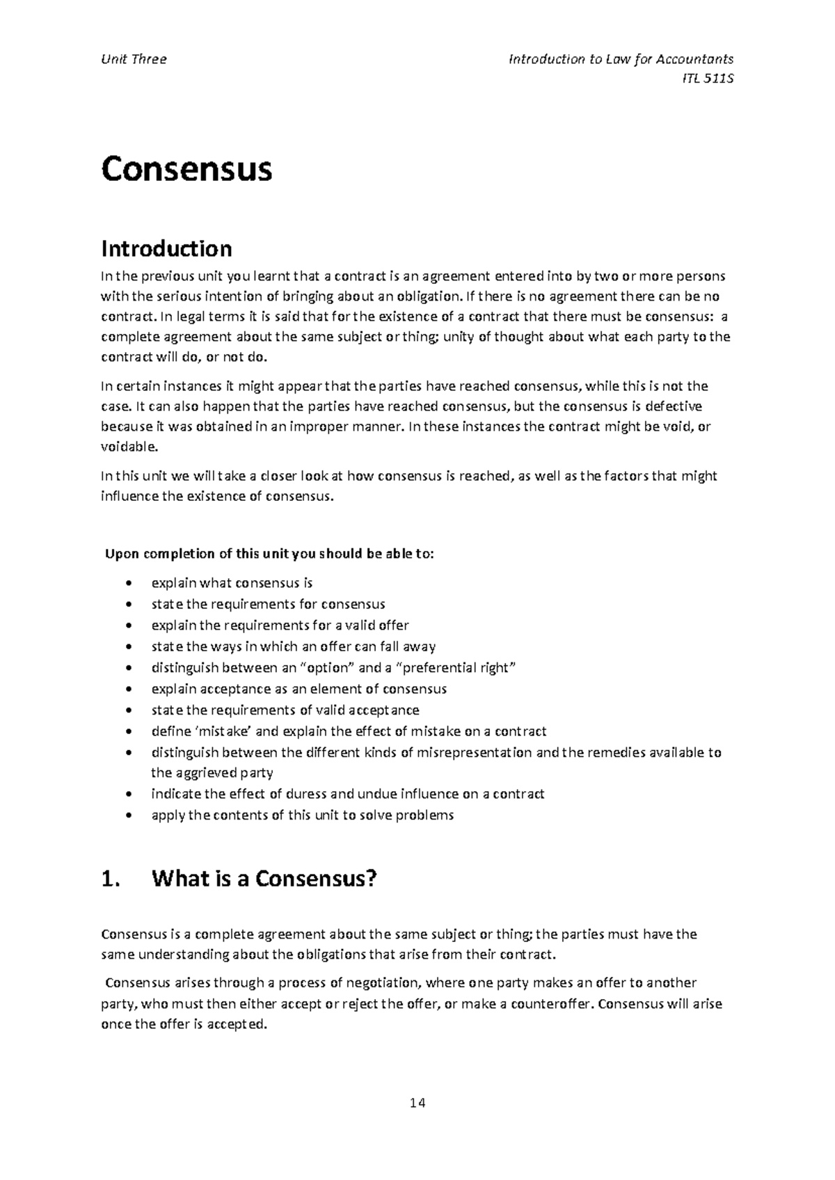 Unit Three: Consensus and Contract Validity in Law for Accountants (ITL ...