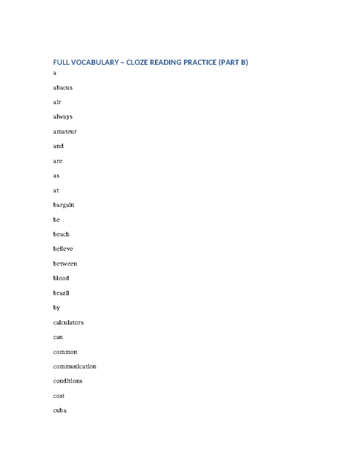 FULL TU VUNG Vocabulary Cloze Reading Practice (Part B) - Studocu