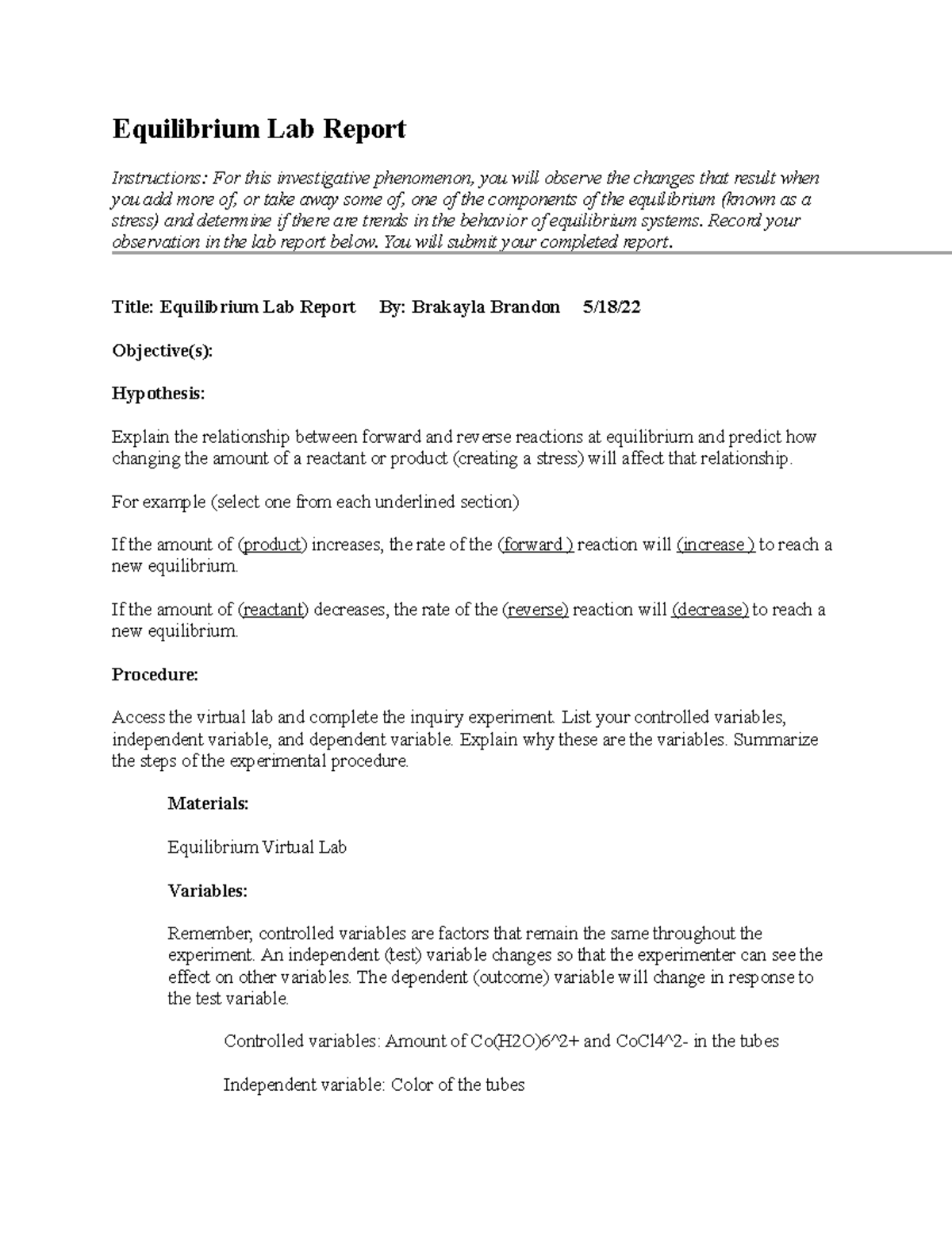 7.06 Equilibrium Lab Report: Investigating Stress Effects on Systems ...