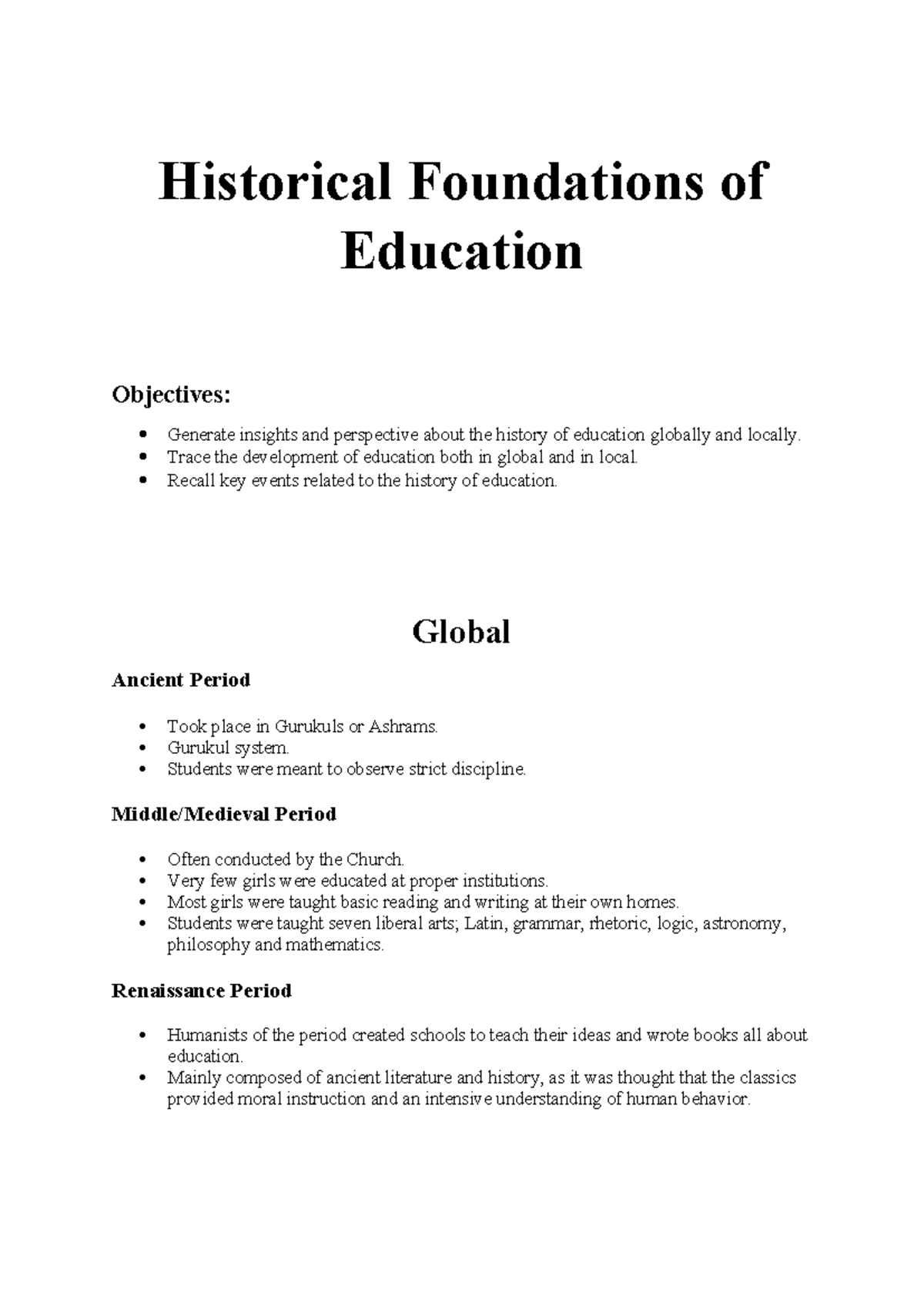 Ed202 LN - Lecture Notes on Historical Foundations of Education - Studocu