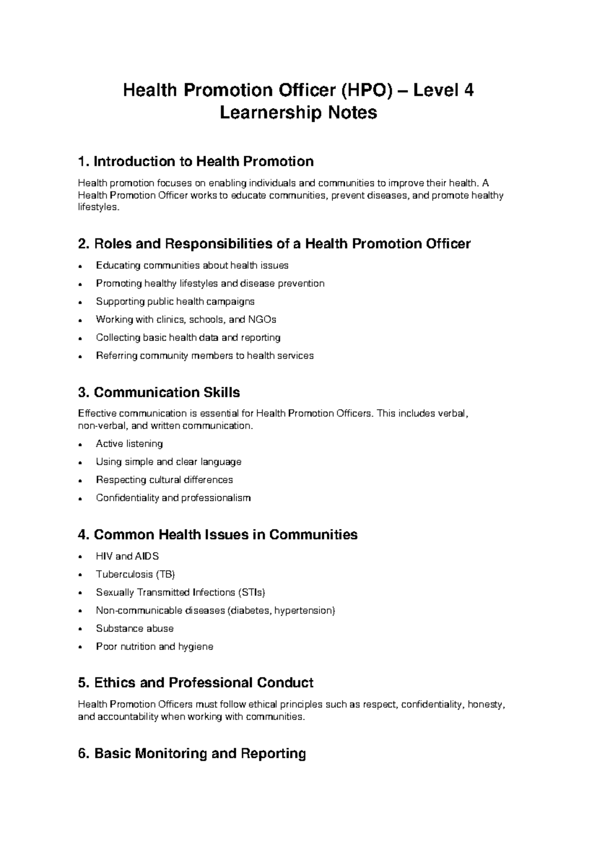 Health Promotion Officer (HPO) Level 4 Learnership Study Notes - Studocu