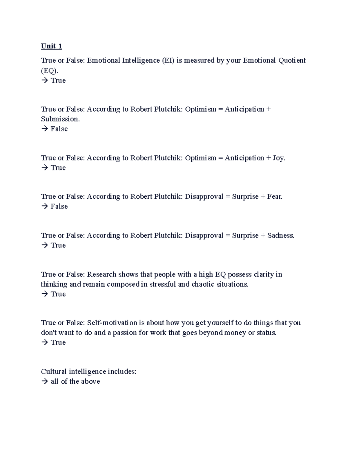 Old Questions - Unit 1 True or False: Emotional Intelligence (EI) is ...