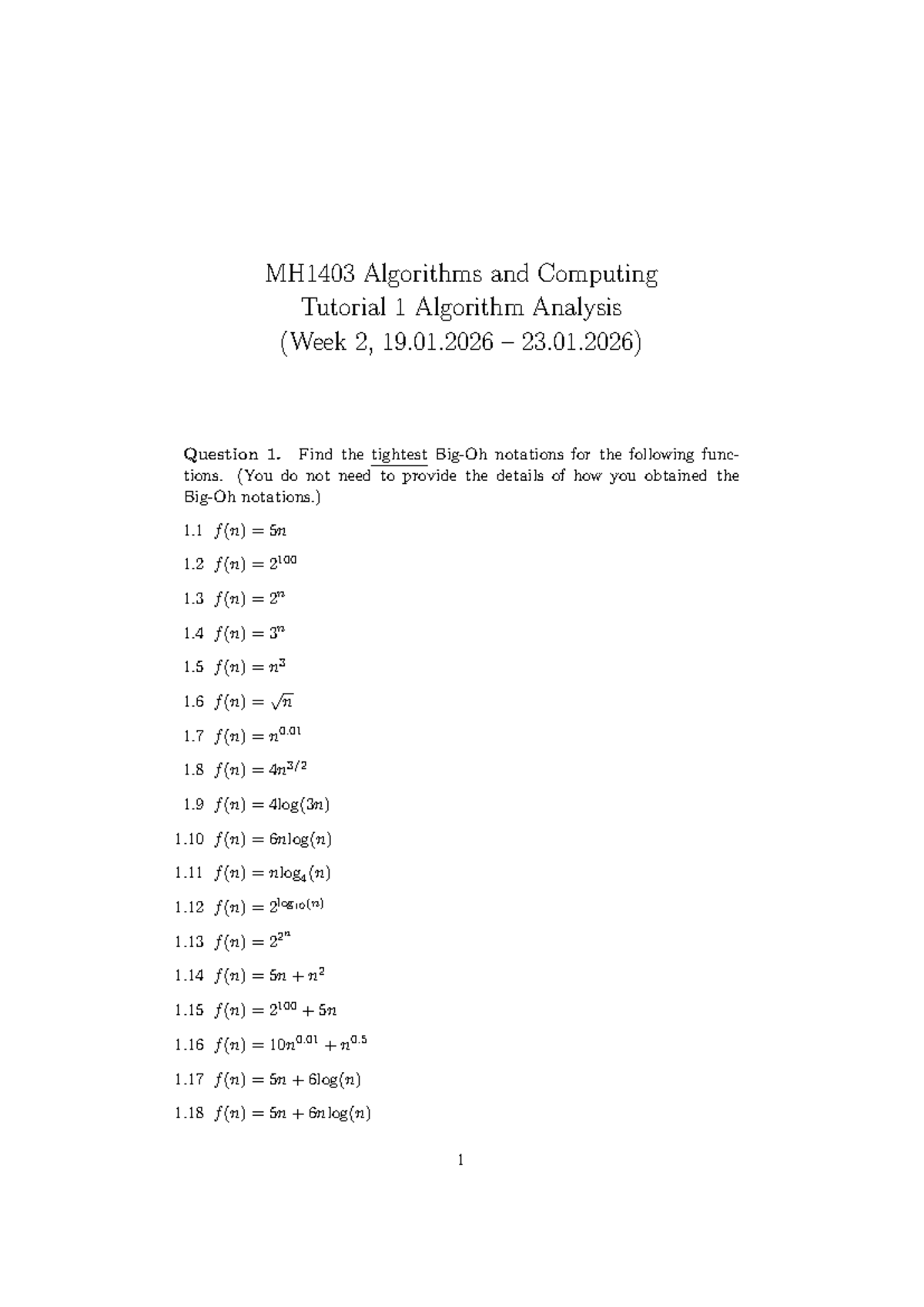 MH1403 Algorithms and Computing Tutorial 1: Algorithm Analysis - Studocu