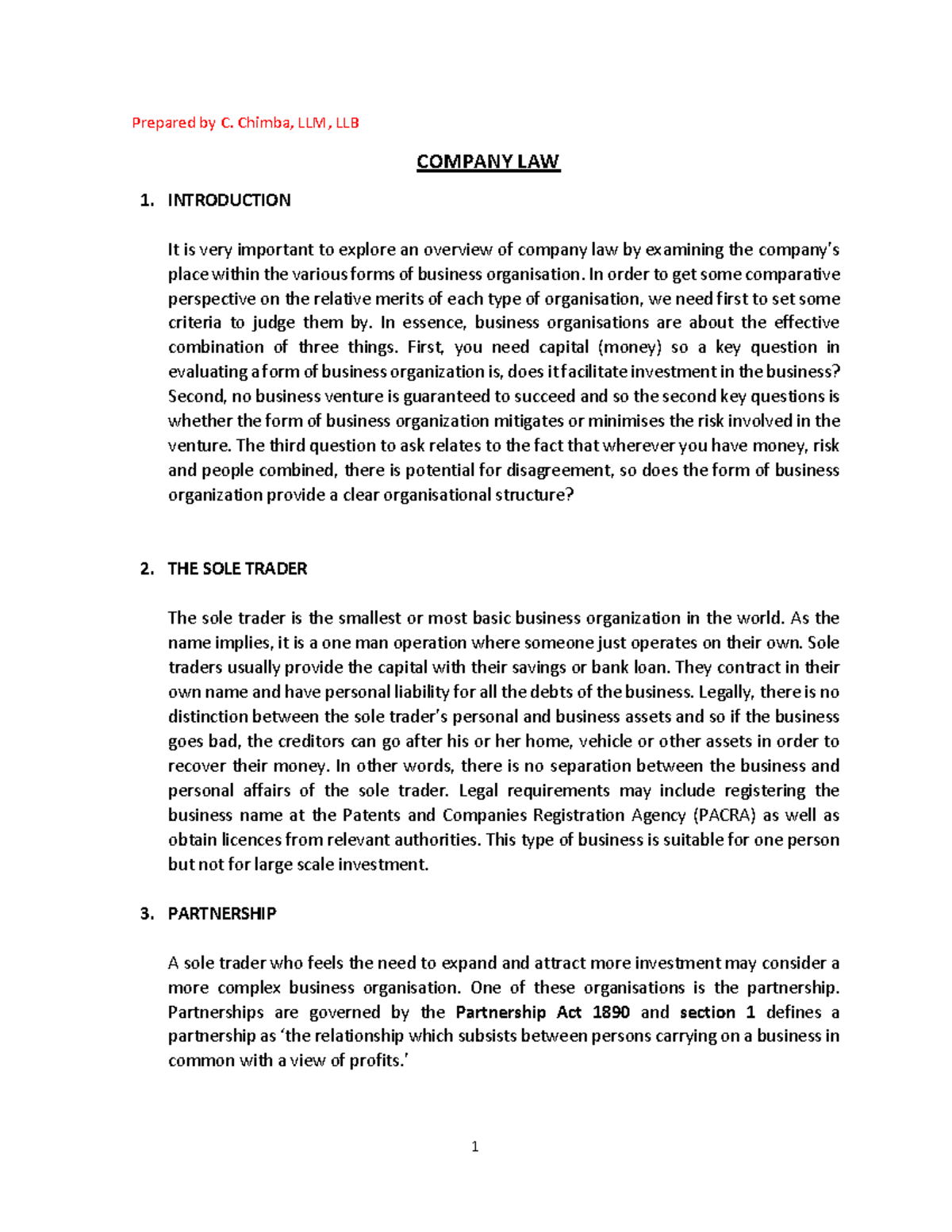 Company Law Notes (A): Overview of Business Organizations and ...