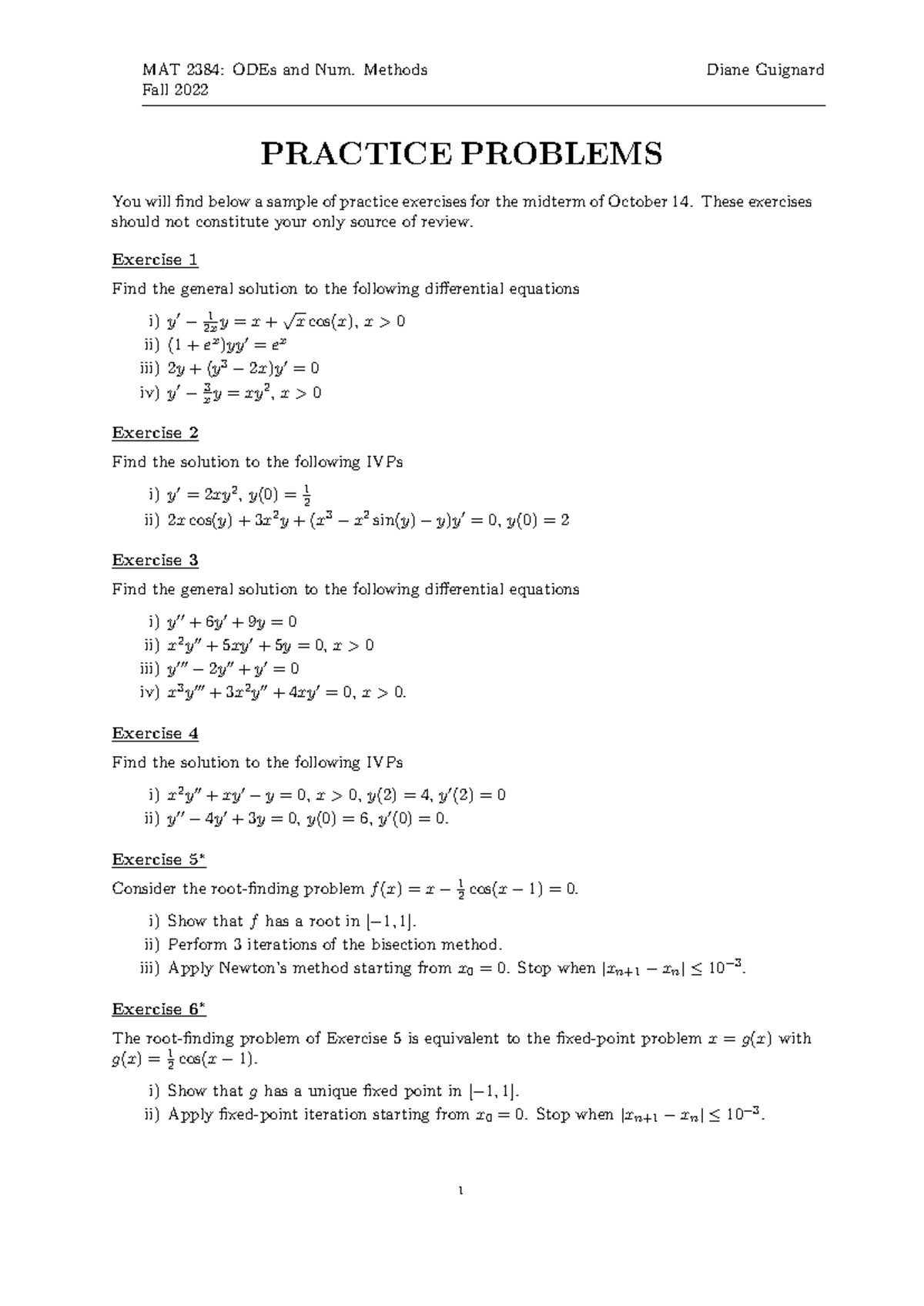 MAT 2384: Midterm Practice Problems for ODEs and Numerical Methods ...