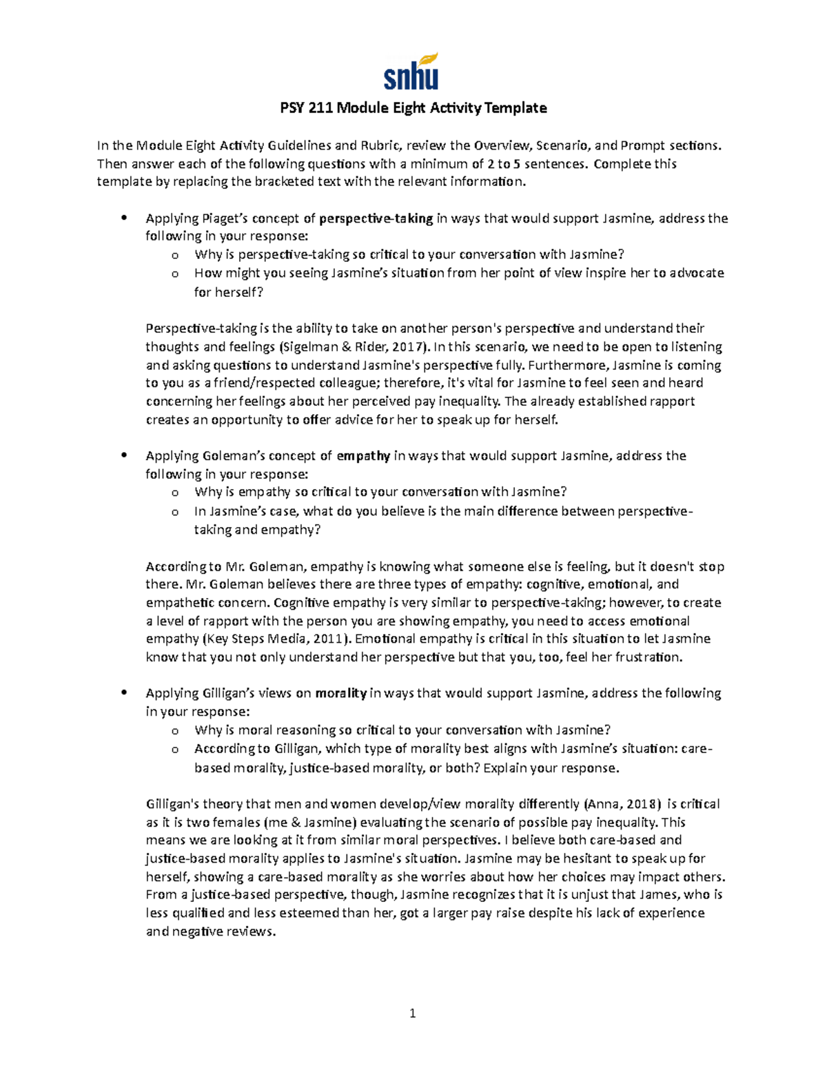 PSY-211 Module 8: Activity on Piaget, Goleman, & Gilligan's Theories ...