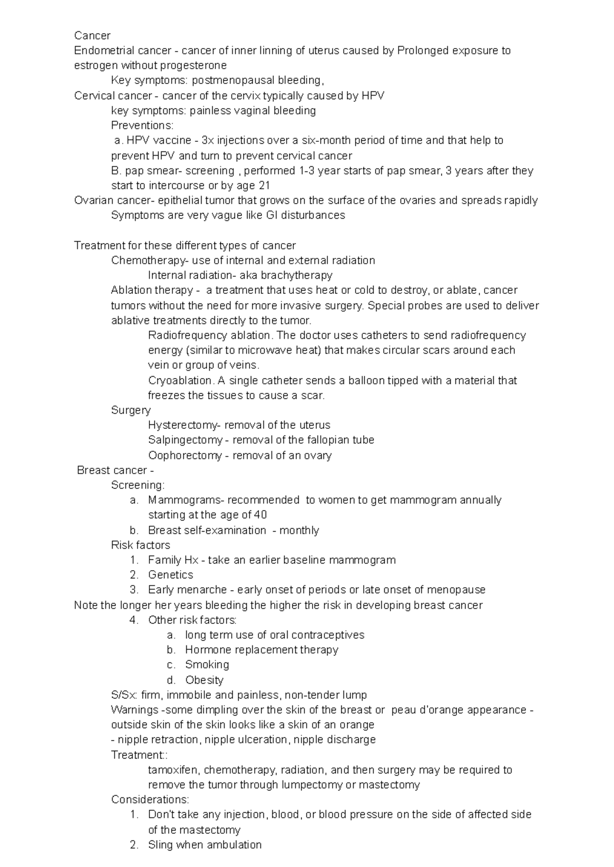 Oncology Study Notes: Types, Symptoms, and Treatments of Cancer - Studocu