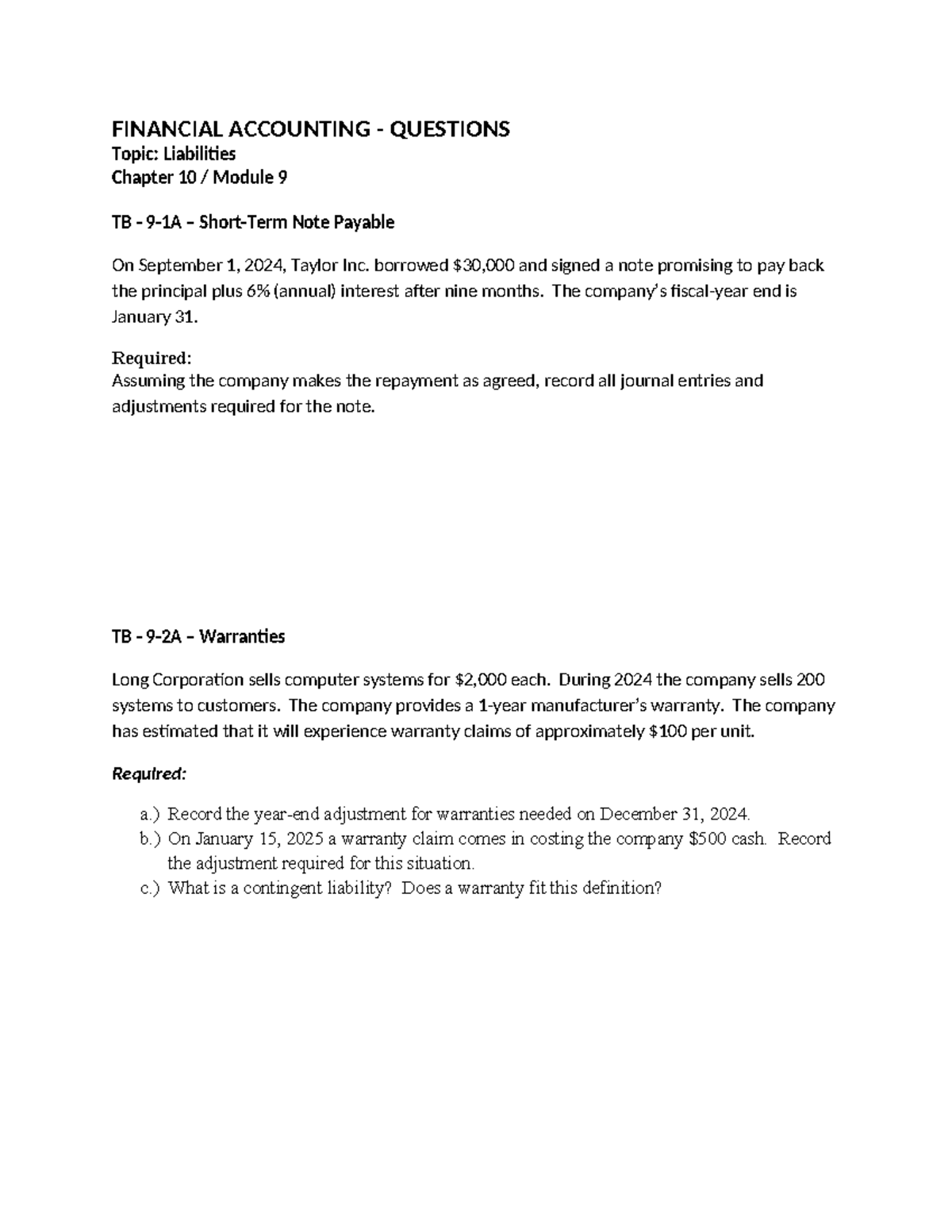 FIN 101 - Chapter 10 Questions on Liabilities and Bonds - Studocu