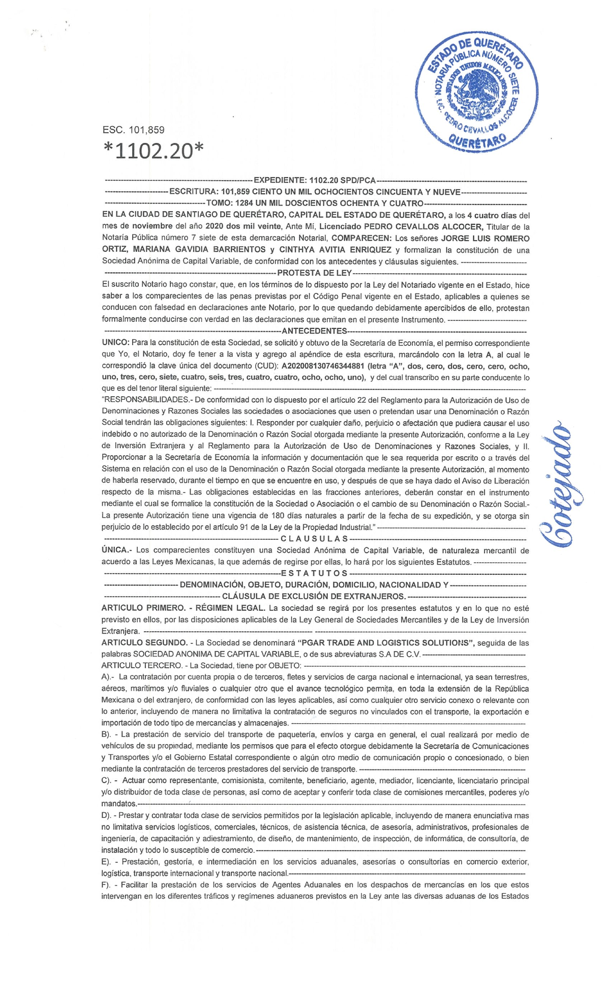 ACTA CONSTITUTIVA DE SOCIEDAD ANÓNIMA S.A. DE C.V. ESC. 101,859 ...