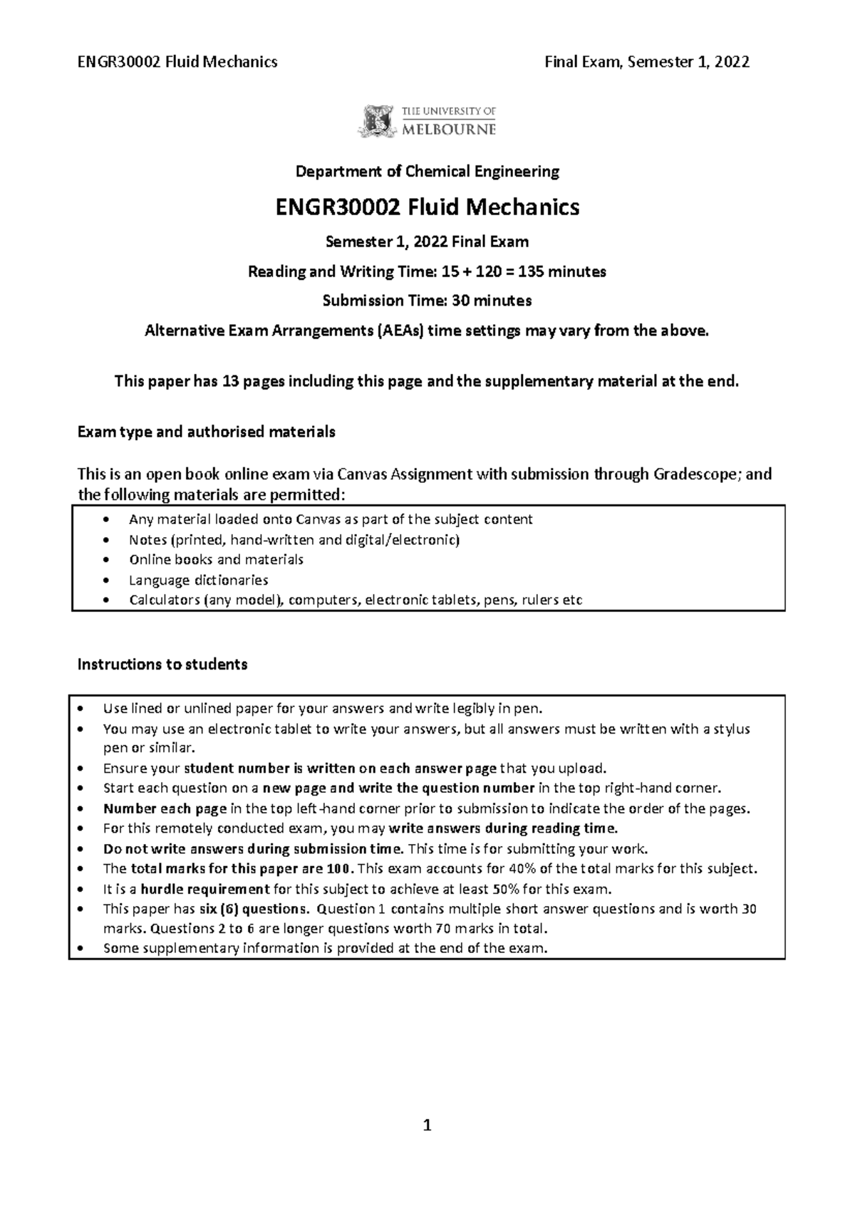 ENGR30002 SM1 2022 Fluid Mechanics Final Exam Paper - Studocu