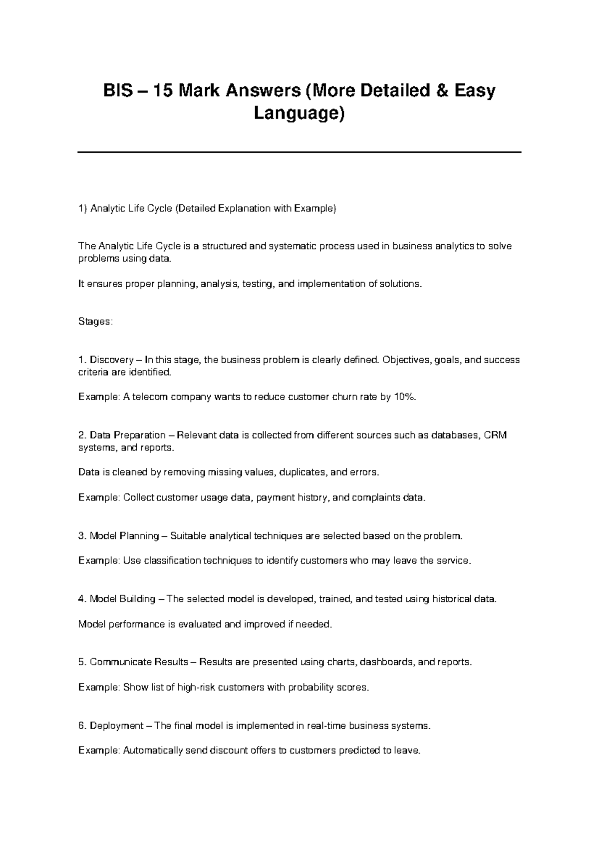 BIS 15 Mark Answers: Analytic Life Cycle & Data Preparation Insights ...