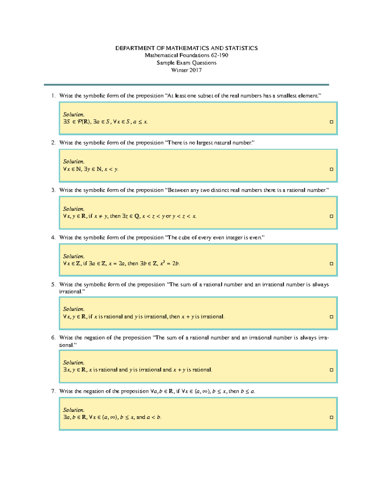 Test Practice Questions 3 - DEPARTMENT OF MATHEMATICS AND STATISTICS ...