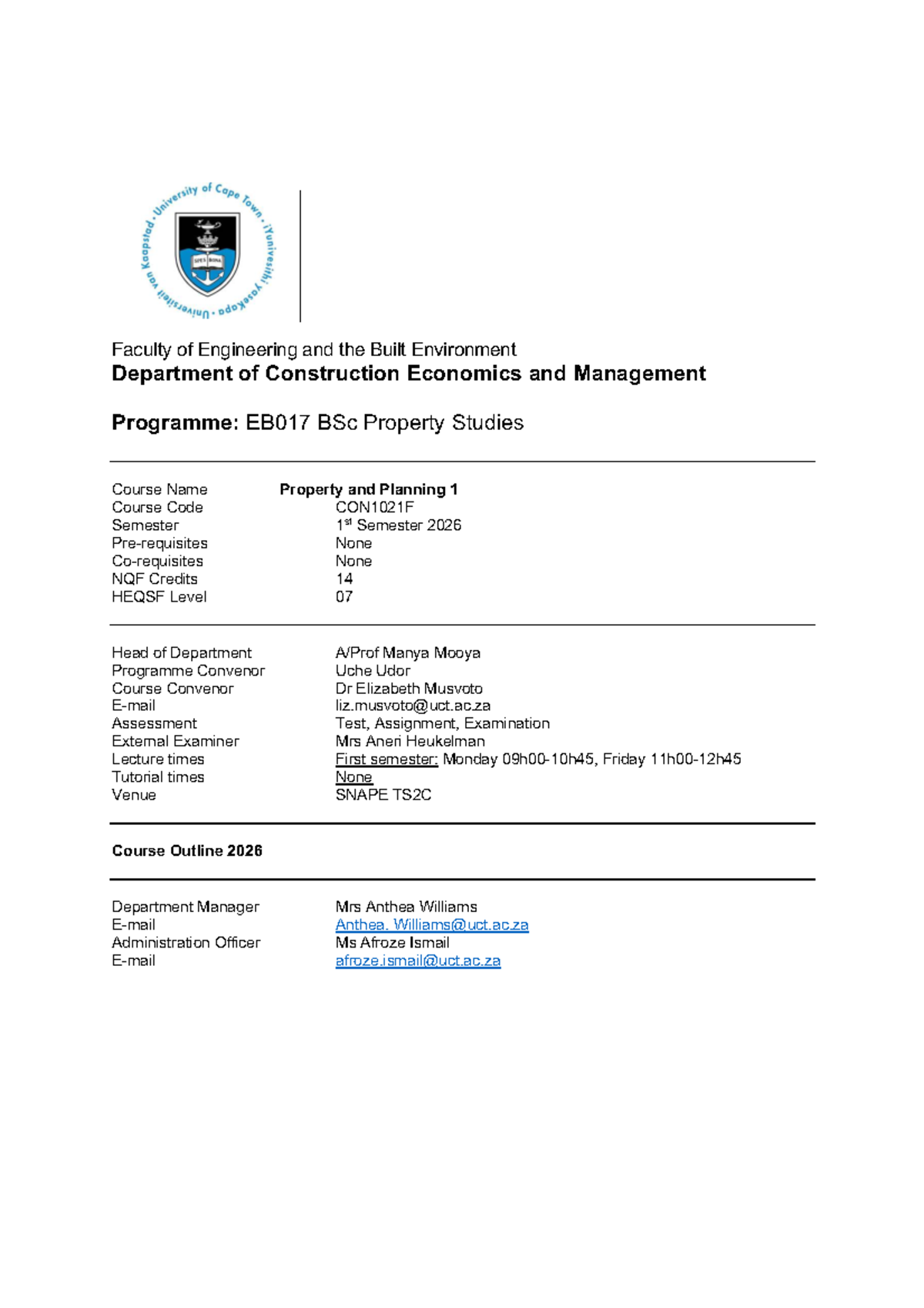 CON1021F Property Planning 1 Course Outline for 1st Semester 2026 - Studocu