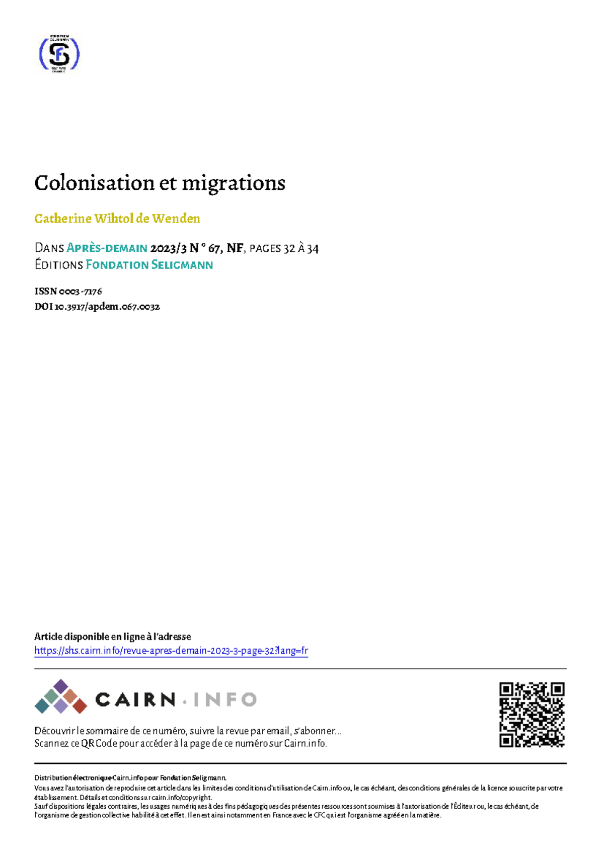 Lecture sur la Colonisation et les Migrations - N° 67 (NF) 2023 - Studocu