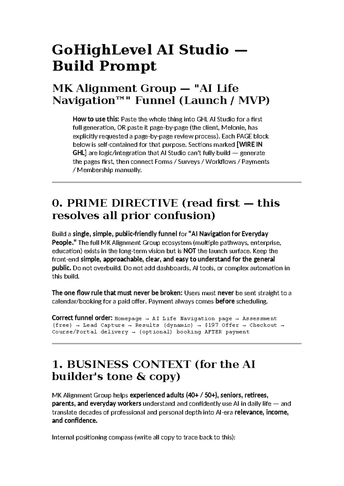 GoHighLevel AI Studio Build Prompt: MK Alignment Group Life Funnel ...